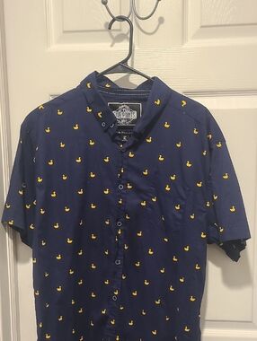 Navy Short-Sleeve Button-Up Shirt with Yellow Duck Print